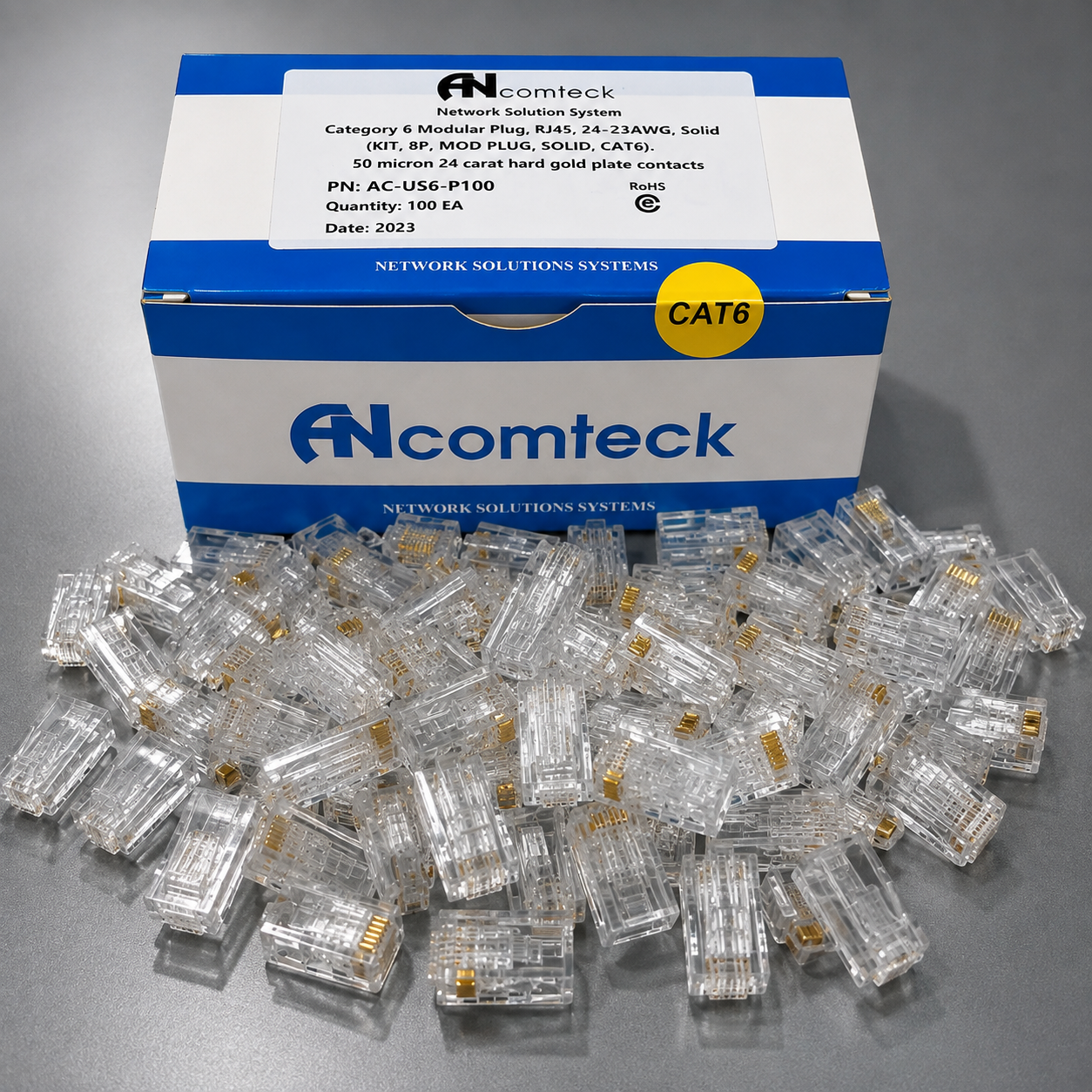 Hạt mạng Cat6 UTP ANCOMTECK AC-US6-P100, chân sole đồng rãnh to